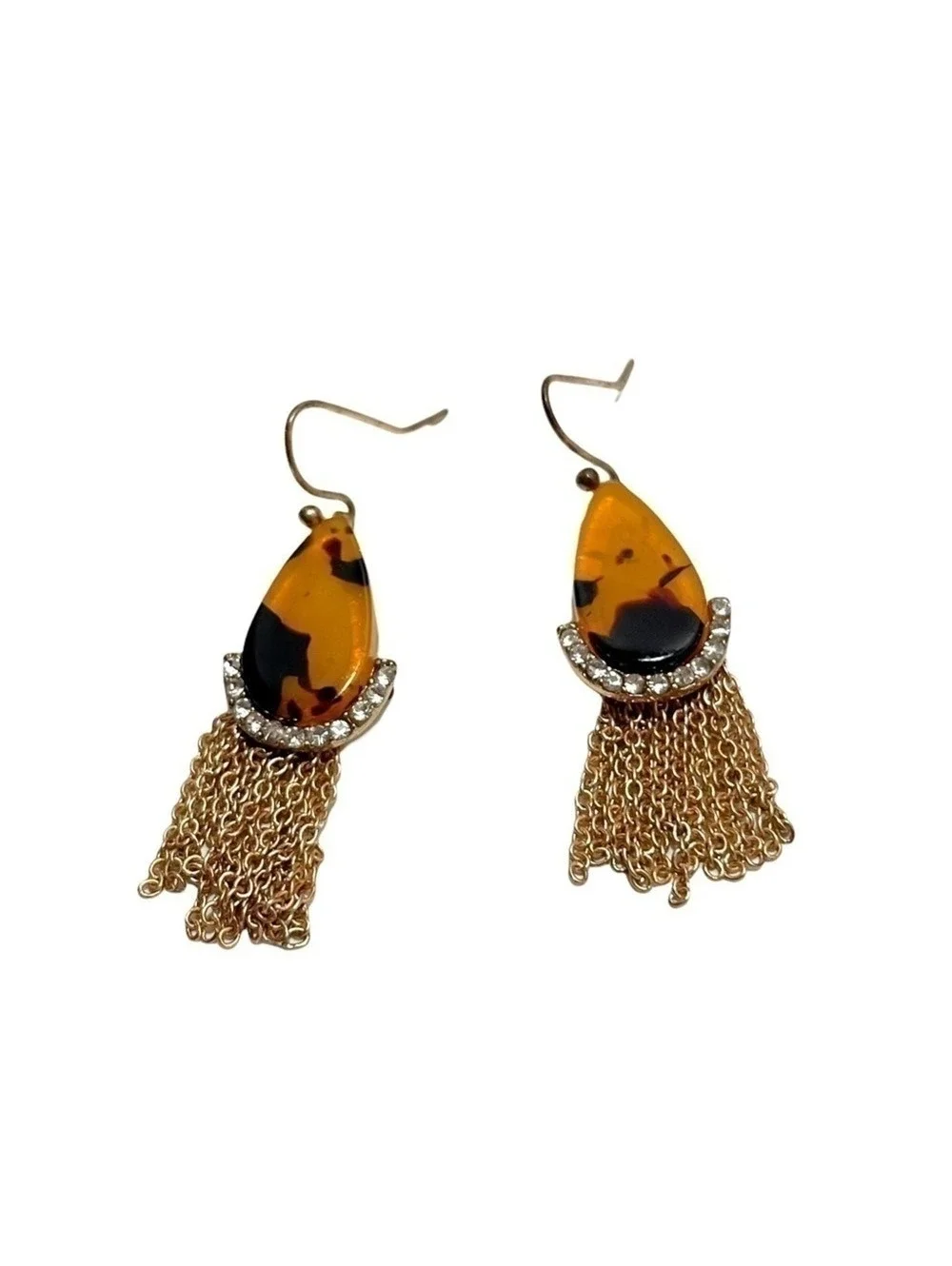 Tortoiseshell Teardrop Dangle Earrings Rhinestone Tassel Gold Tone